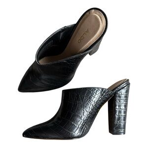 Aldo Black Block Heel Croc-Patterned Mules 6
